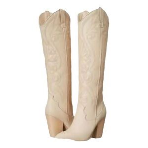 Steve Madden Lasso Cream Leather Western Boot Knee High Pull On Boots